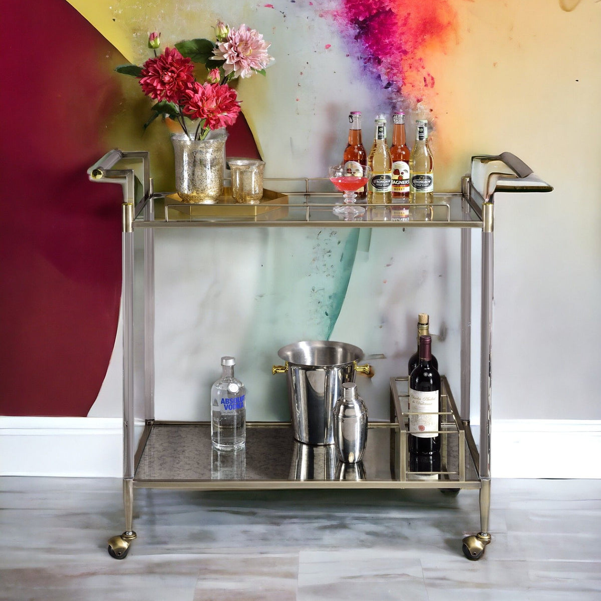 Cirro - Antique Mirror Wire Brass Serving Cart - Antique Brass / White