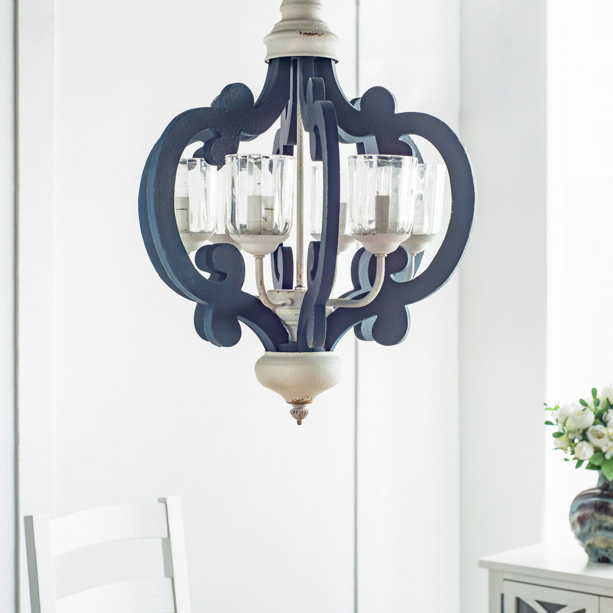 Wood Chandelier 6 Light Farmhouse Pendant Lighting Wood Hanging Light Fixture For Kitchen Living Dining Room, Bulb Not Included - Cream