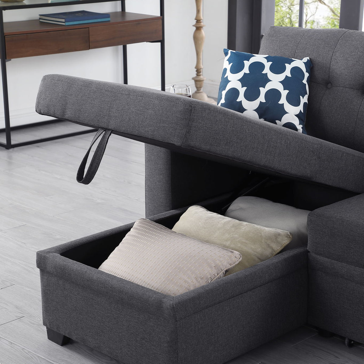 82" Width Sectional With Storage Chaise And Cupholder Armrest