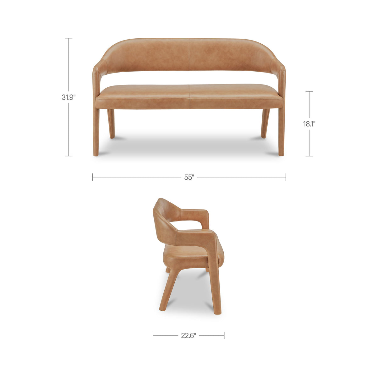 Tan leather dining bench with padded seat, rounded arms, and tapered legs; shows size