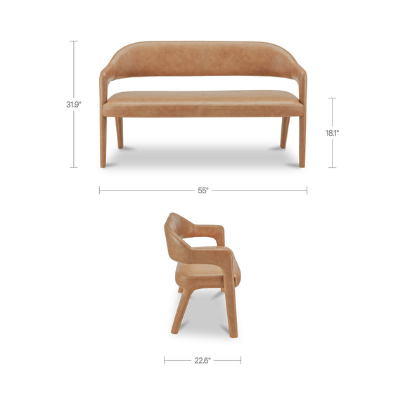 Tan leather dining bench with padded seat, rounded arms, and tapered legs; shows size
