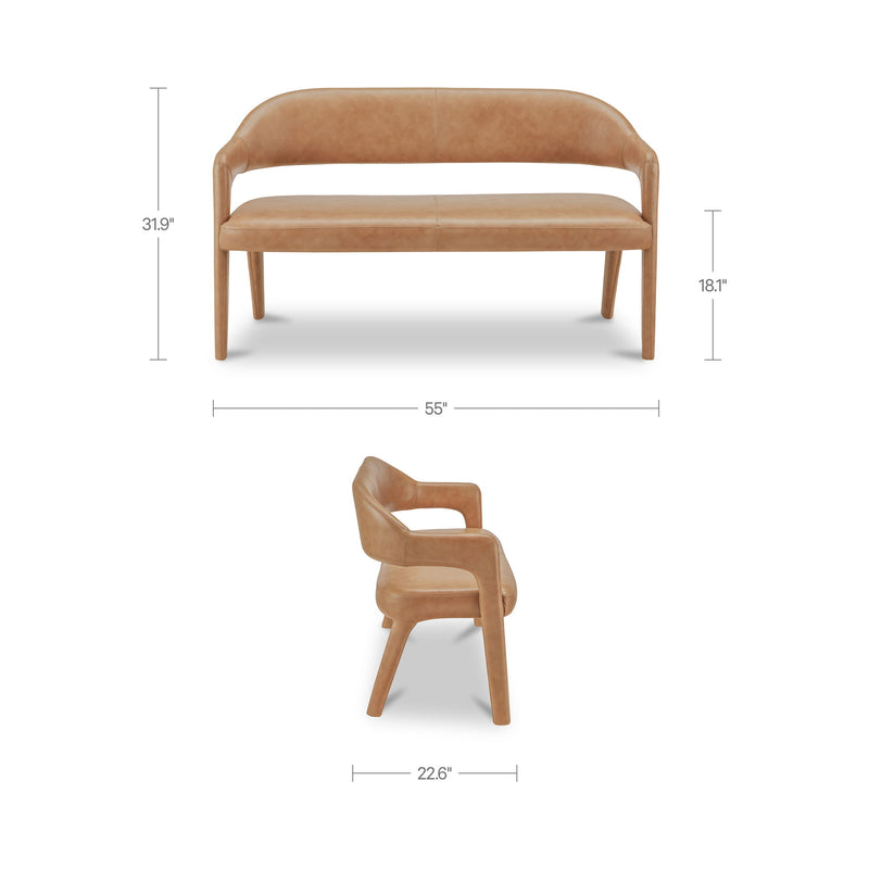 Tan leather dining bench with padded seat, rounded arms, and tapered legs; shows size