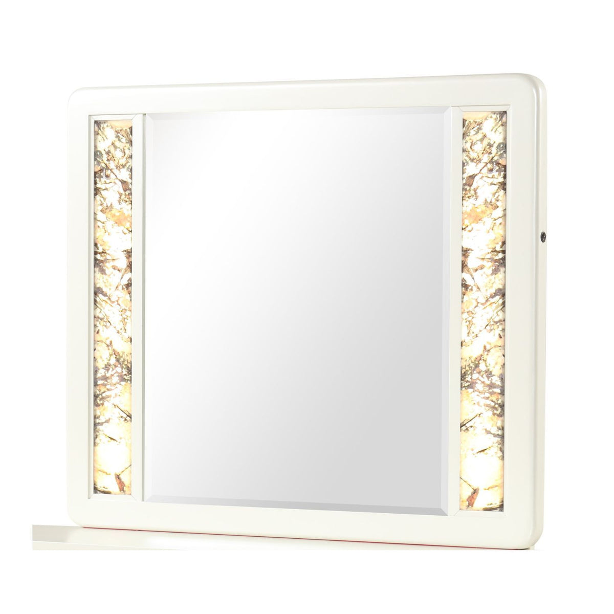 Beige rectangular LED mirror with illuminated side light panels, wall-mounted.