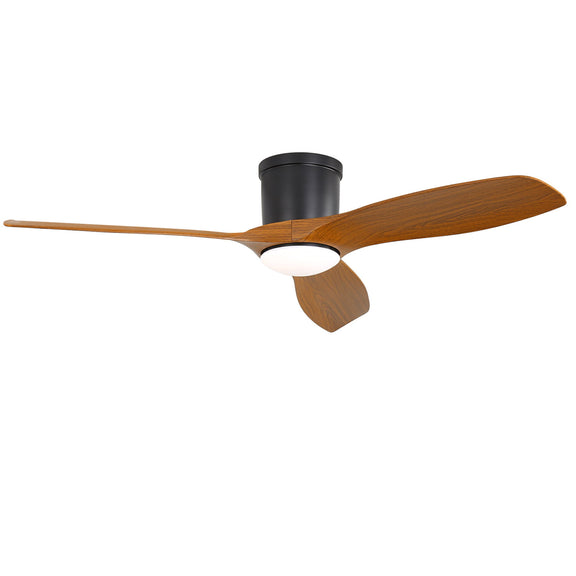3-blade flush-mount ceiling fan with wood-finish reversible blades and integrated light