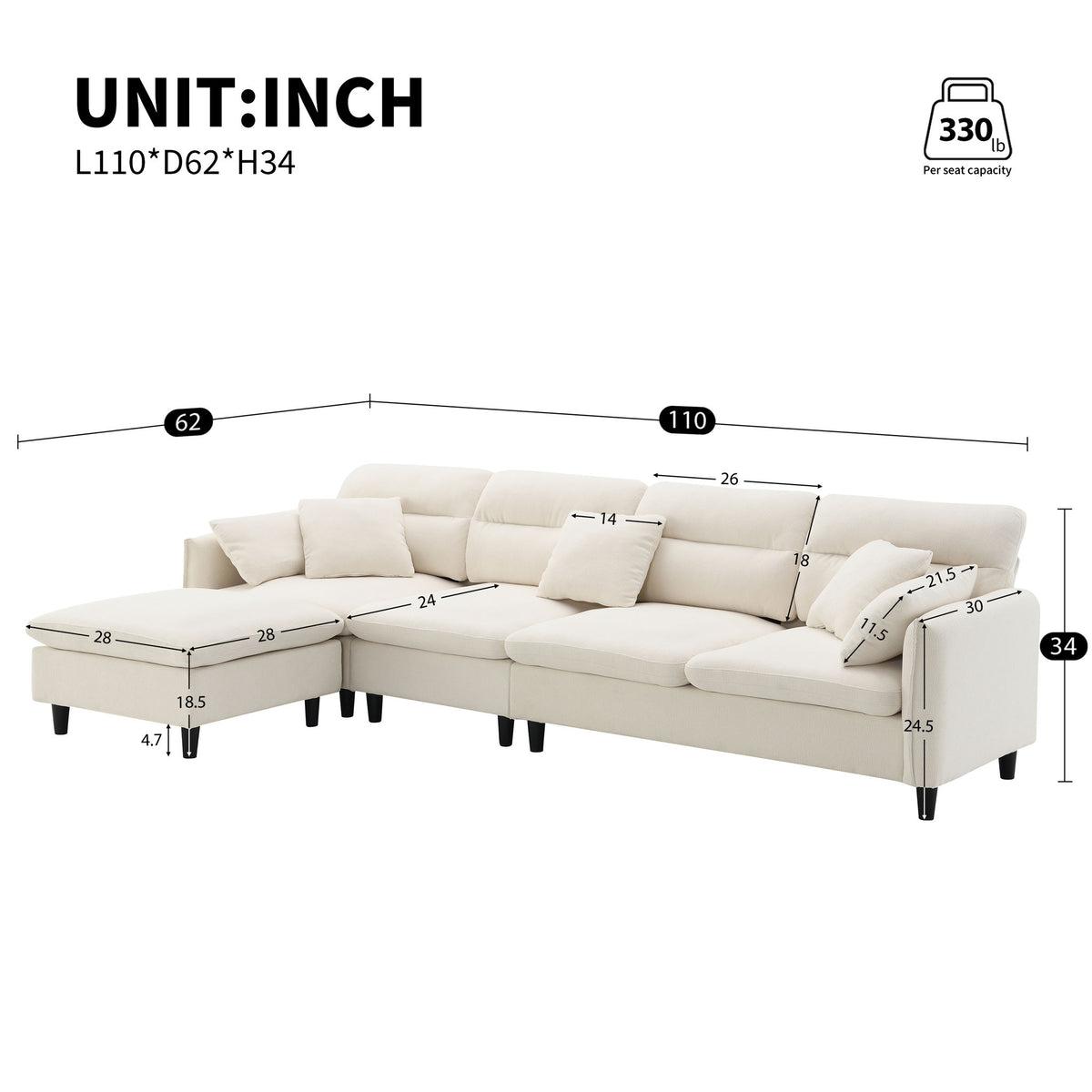 Modern Convertible Sectional Sofa L Shaped Reversible Couch Set With Free Pillows 5 Seat Cloud With Ottoman