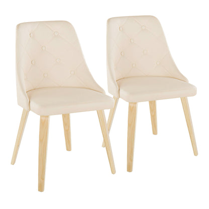 Set of 2 dining chairs with cream tufted back and seat, contoured arms, light wood legs