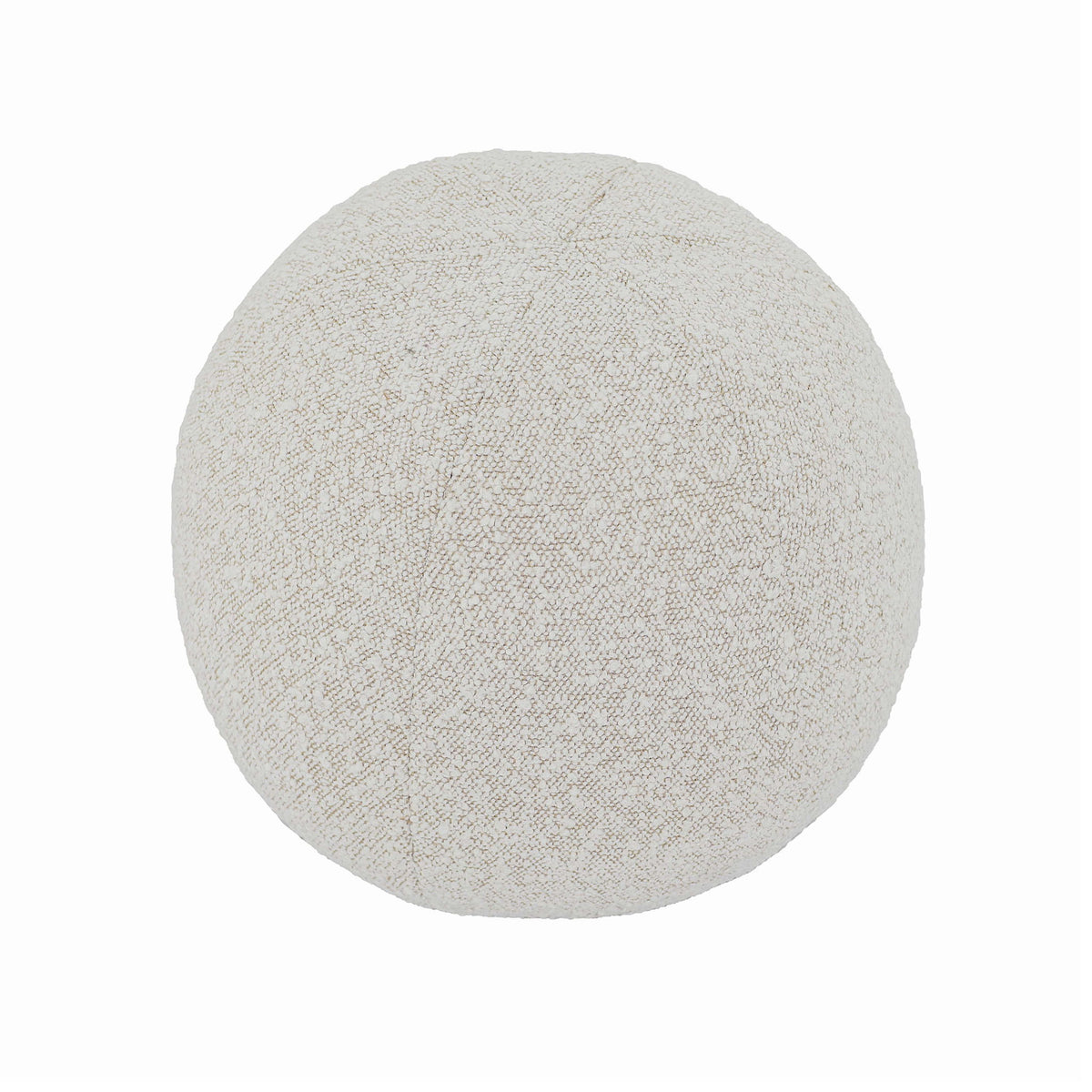 Round pillow with light beige textured fabric and minimal seam details.