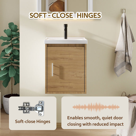 Wall-mounted bathroom vanity with light wood cabinet, white sink, and soft-close door