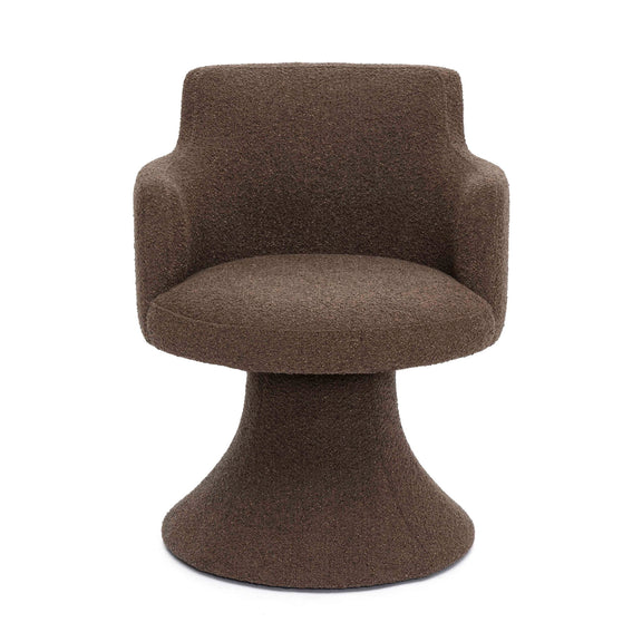 Dark brown boucle swivel dining chair front view with curved back and pedestal base