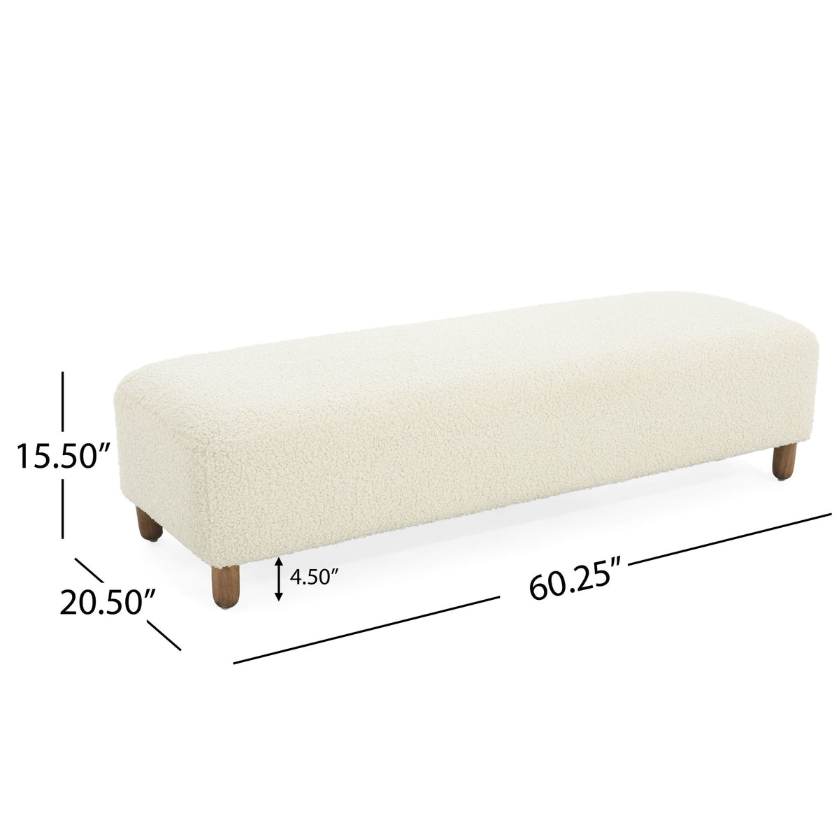 White upholstered ottoman with rounded top and wooden legs; 60.25 in long