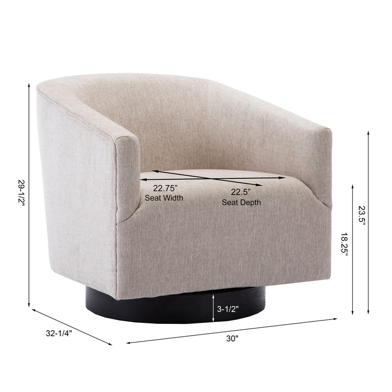 Beige fabric swivel chair with seat width and depth dimensions shown