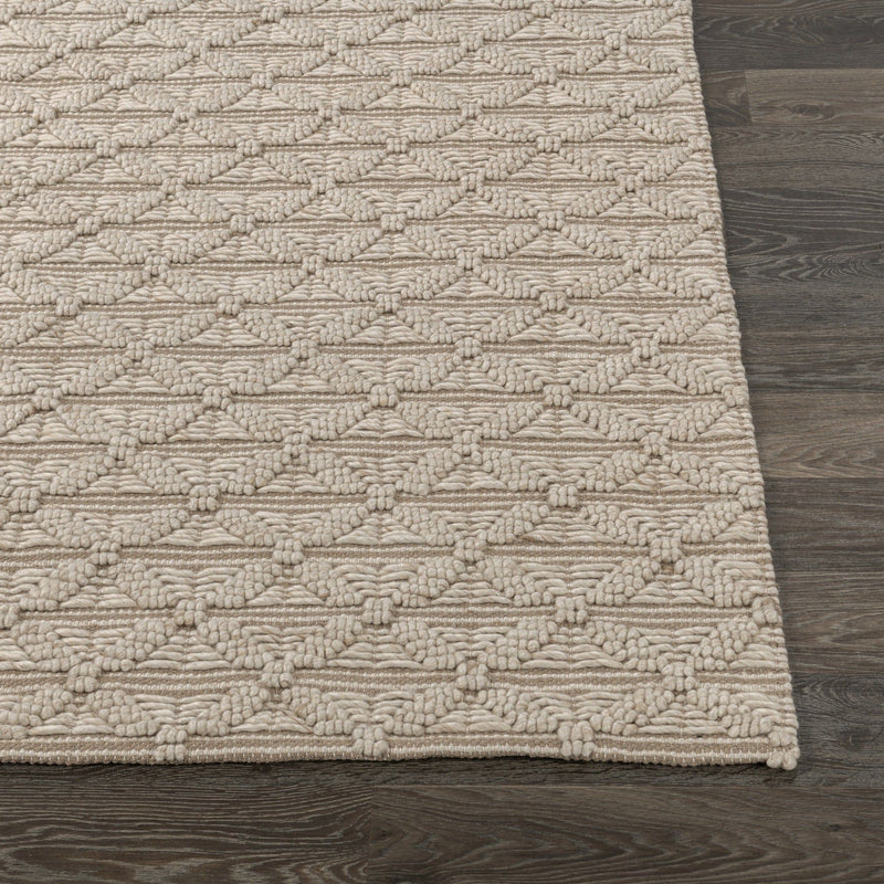 Ivory 2 ft x 3 ft rug with raised geometric trellis weave and textured fringed corner.
