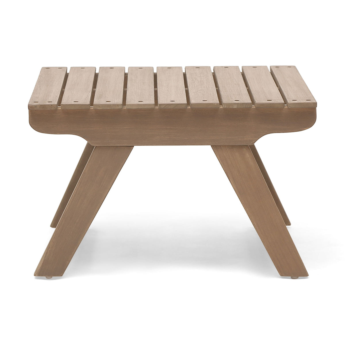 Outdoor side table with open slat tabletop and four tapered legs, gray finish