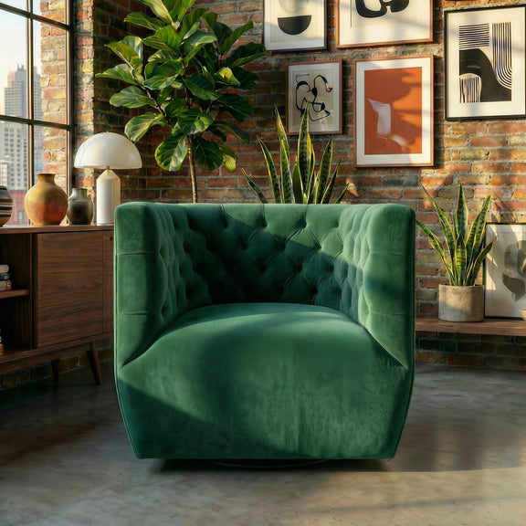 Delaney swivel chair in dark green velvet, tufted back and padded seat
