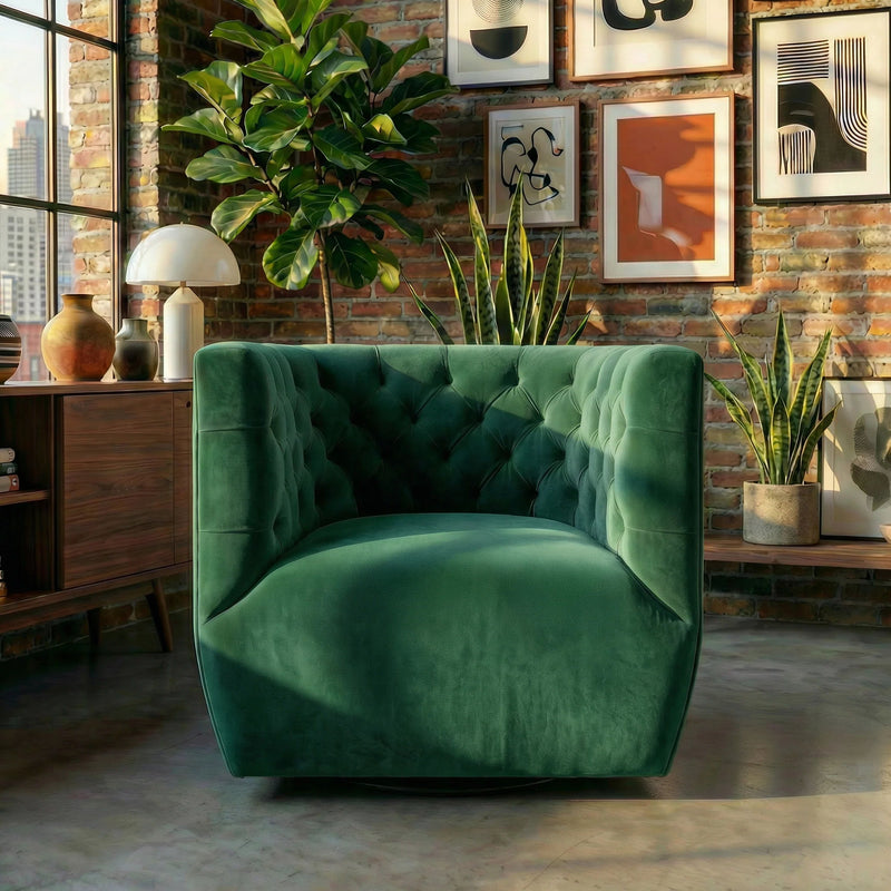 Delaney swivel chair in dark green velvet, tufted back and padded seat