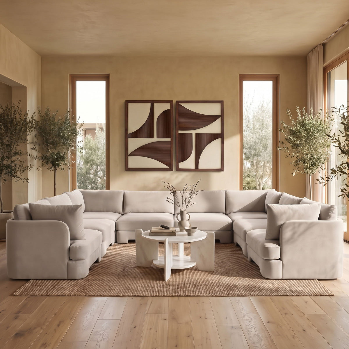 Beige velvet U-shaped sectional sofa with low arms and square seat backrests