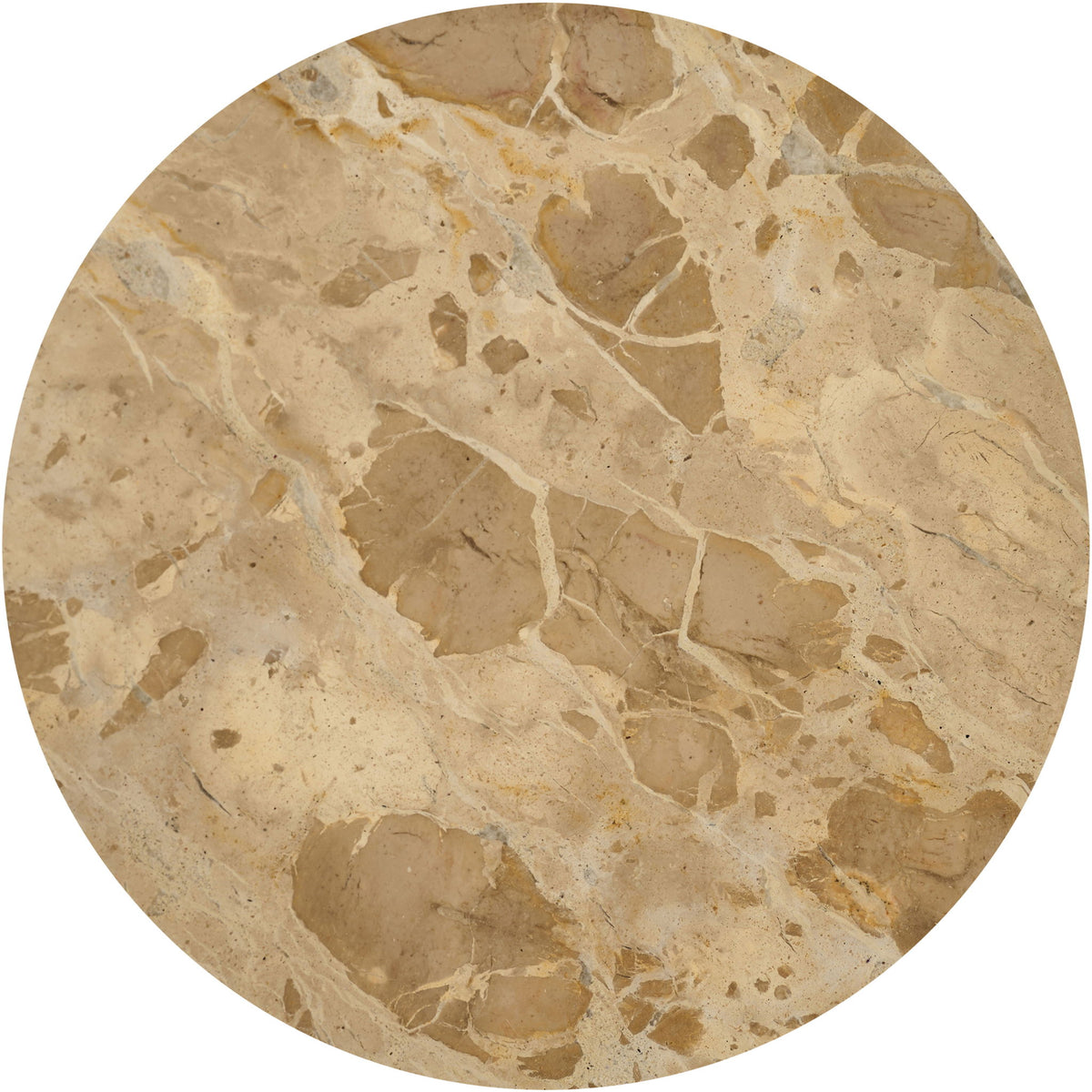 Round genuine marble tray top in light beige with speckles and veined natural stone