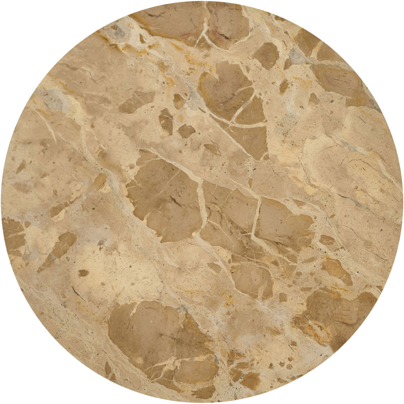 Round genuine marble tray top in light beige with speckles and veined natural stone