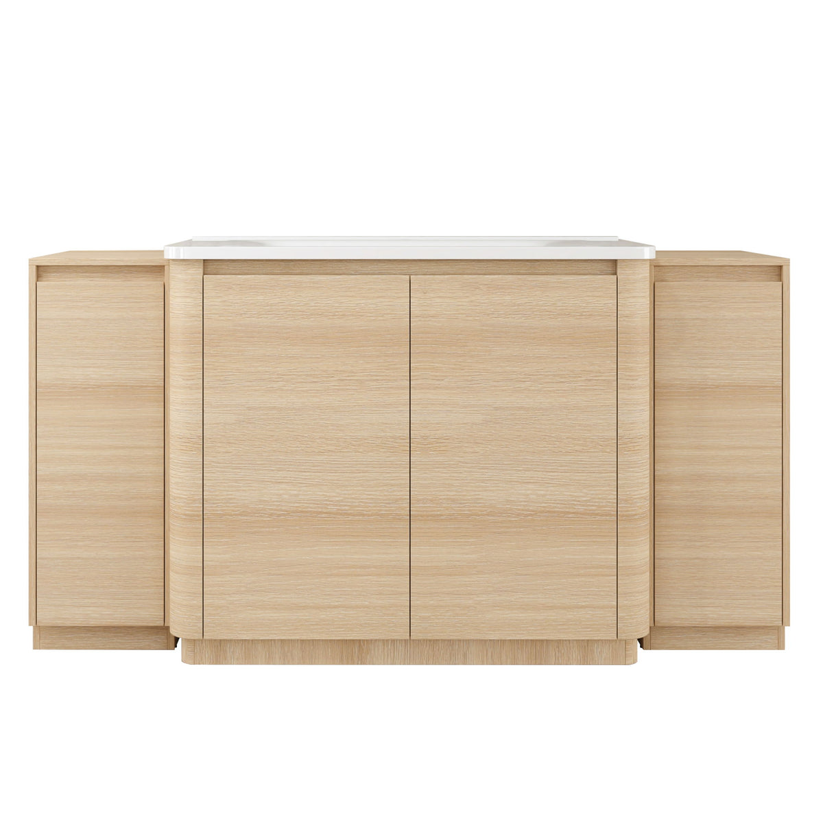 Light brown freestanding bathroom vanity with white countertop, sink, and storage side cabinets