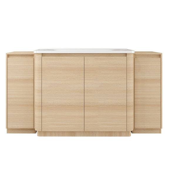Light brown freestanding bathroom vanity with white countertop, sink, and storage side cabinets