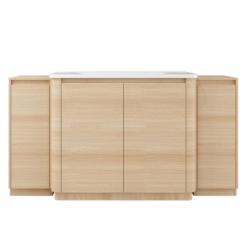 Light brown freestanding bathroom vanity with white countertop, sink, and storage side cabinets