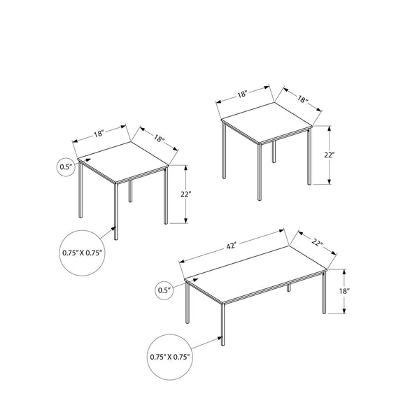 3-piece coffee table set size chart with small square and large rectangular tables