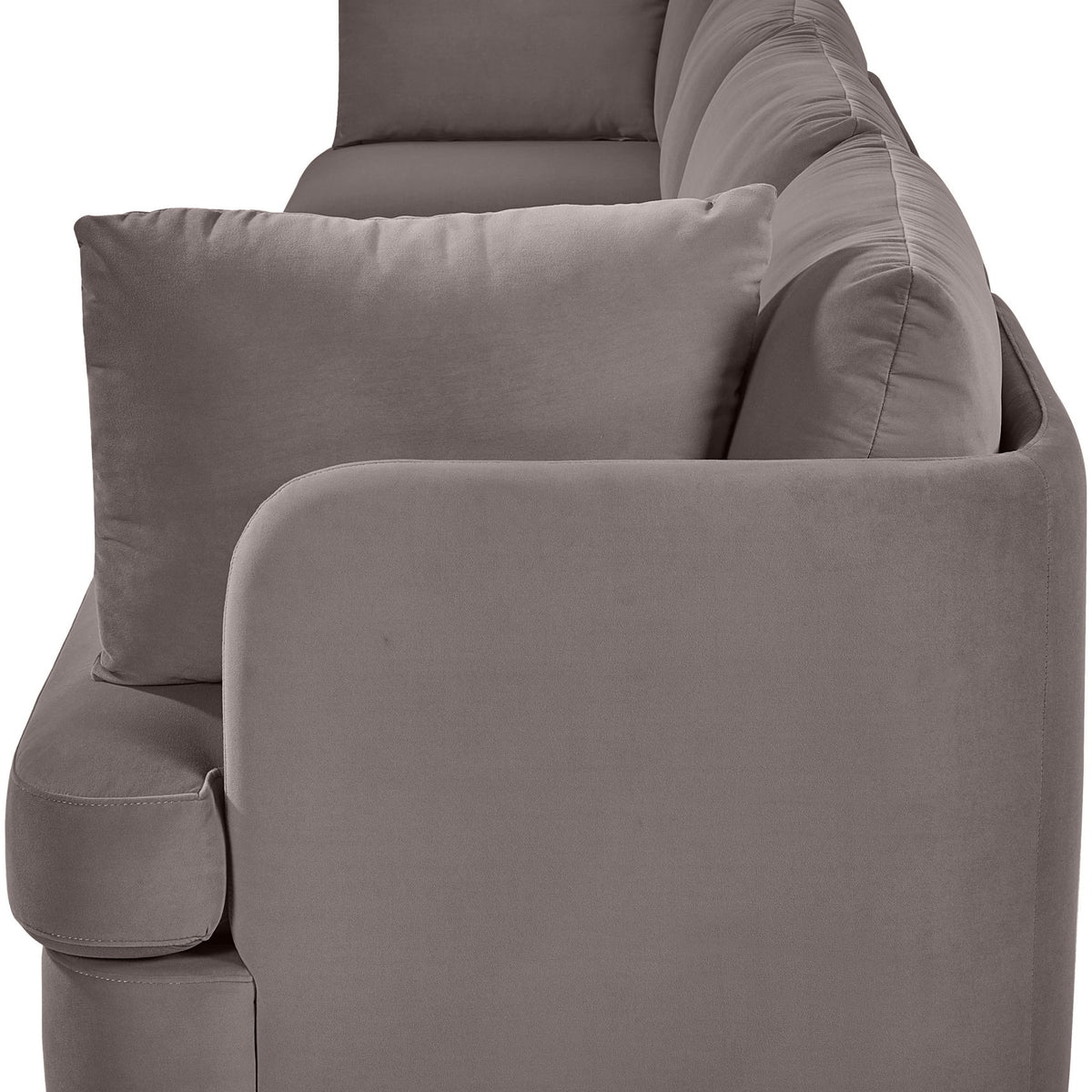 Gray velvet upholstered sectional sofa set with cushioned armrest detail