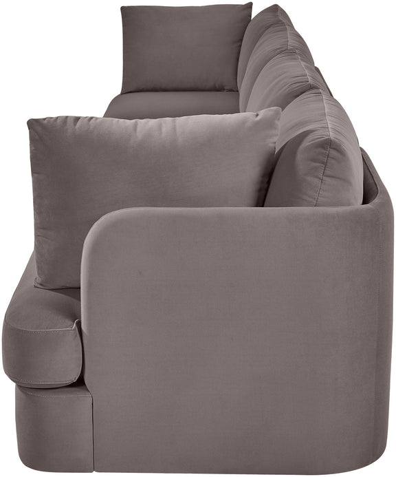 Gray velvet upholstered sectional sofa set with cushioned armrest detail