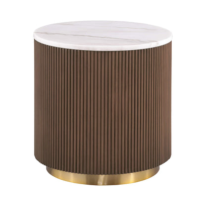 Round side table with white marble top, dark brown ribbed base and gold metal ring