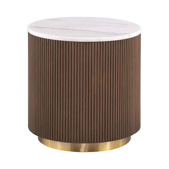 Round side table with white marble top, dark brown ribbed base and gold metal ring