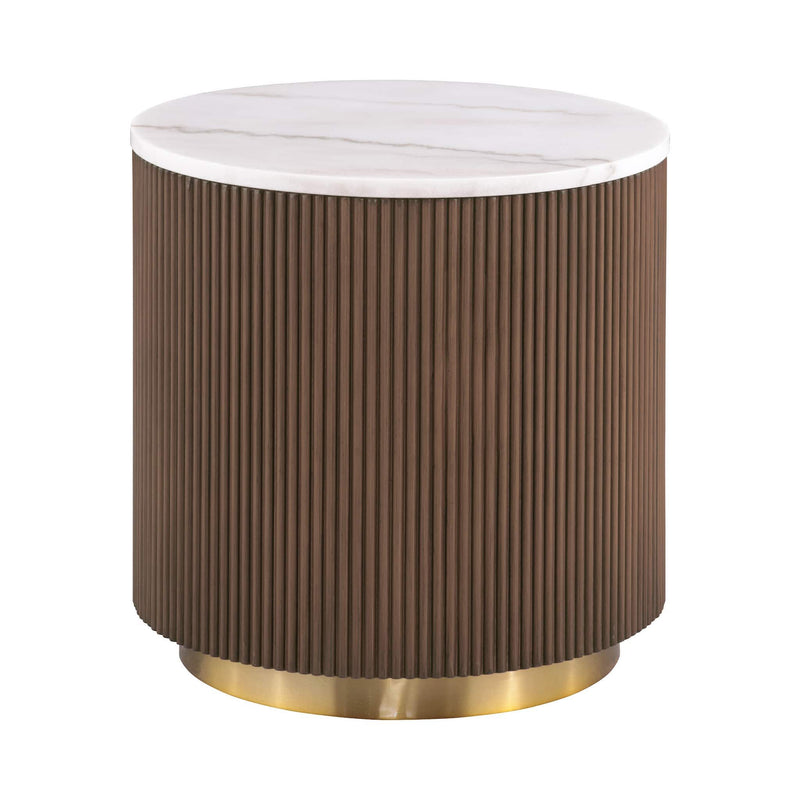 Round side table with white marble top, dark brown ribbed base and gold metal ring