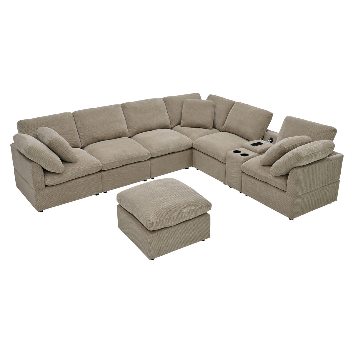Modular sectional with two cup holders and a separate cushioned ottoman
