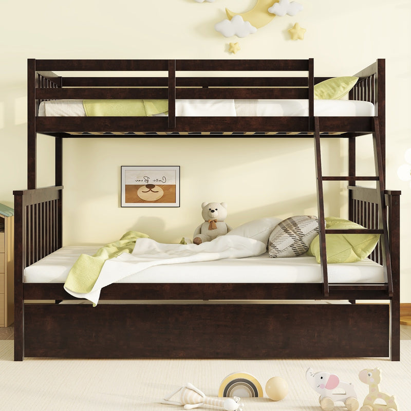 Twin Over Full Rubber Wood Bunk Bed with Trundle, Convertible Ladder and Guardrail, Detachable, Convertible Bed, with Twin Size Trundle, Espresso