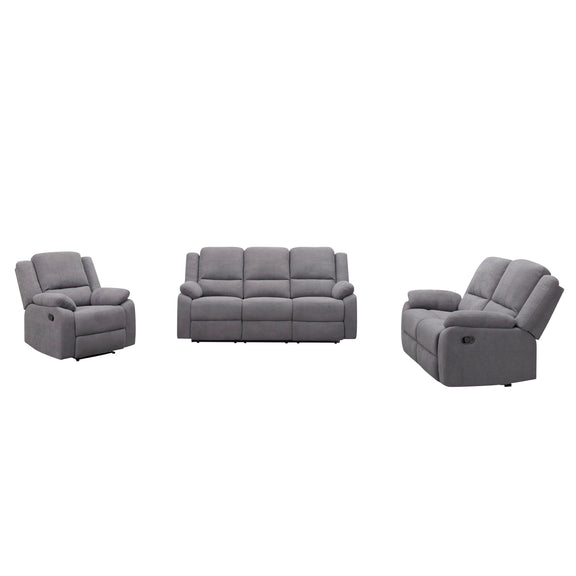 Gray fabric 3-piece reclining sofa set: loveseat and two recliners, plush cushions