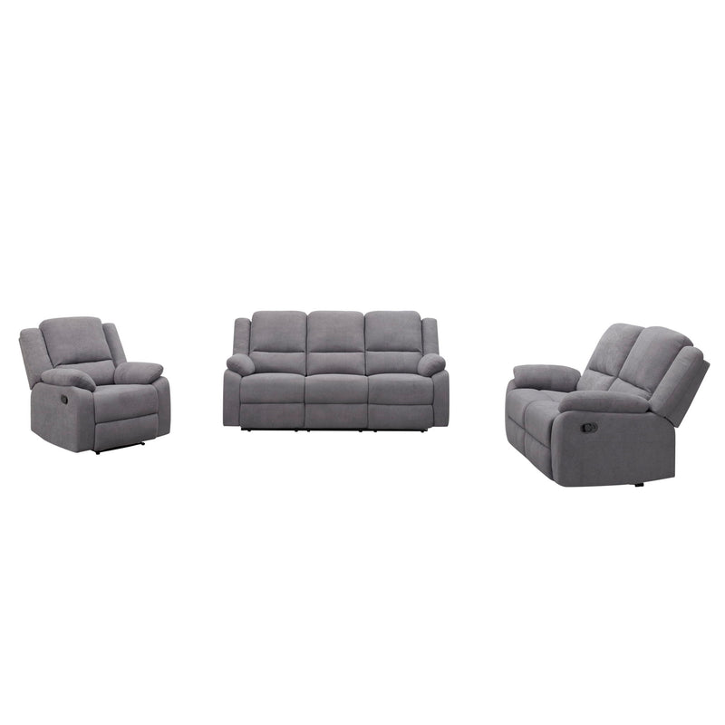 Gray fabric 3-piece reclining sofa set: loveseat and two recliners, plush cushions