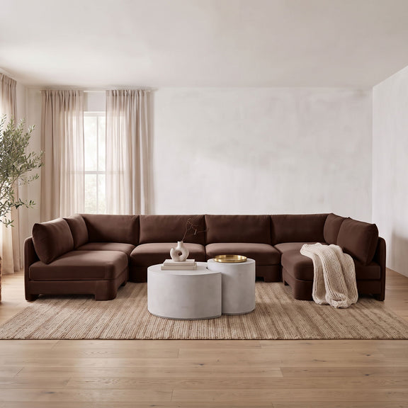Dark brown velvet performance U-shaped armless sectional sofa, 6-piece set