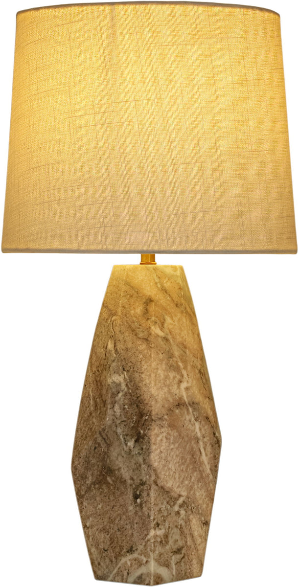 Marble table lamp with yellow fabric shade and light brown stone base