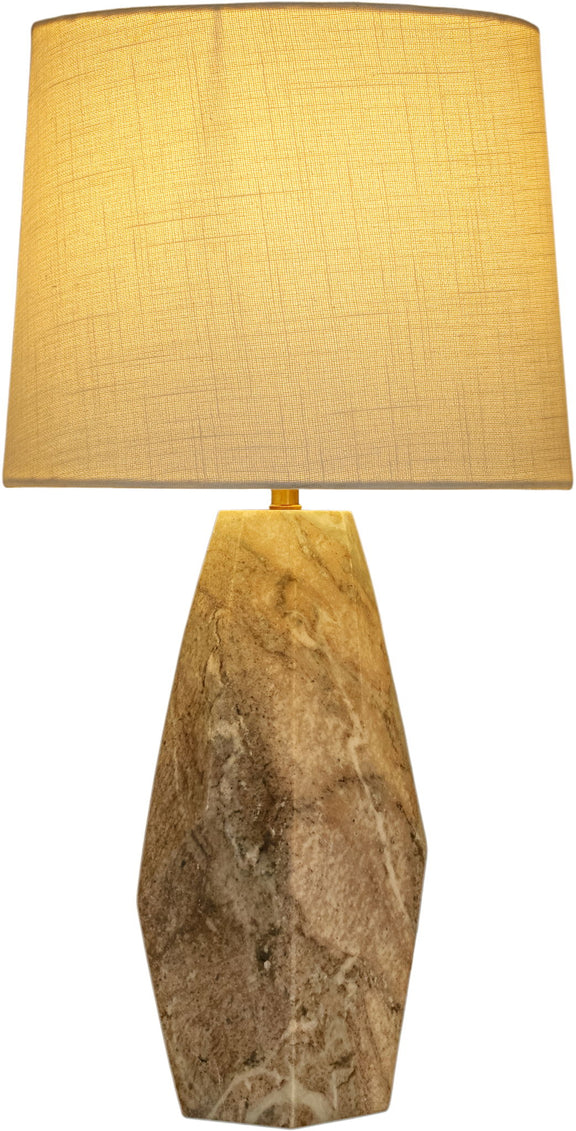 Marble table lamp with yellow fabric shade and light brown stone base
