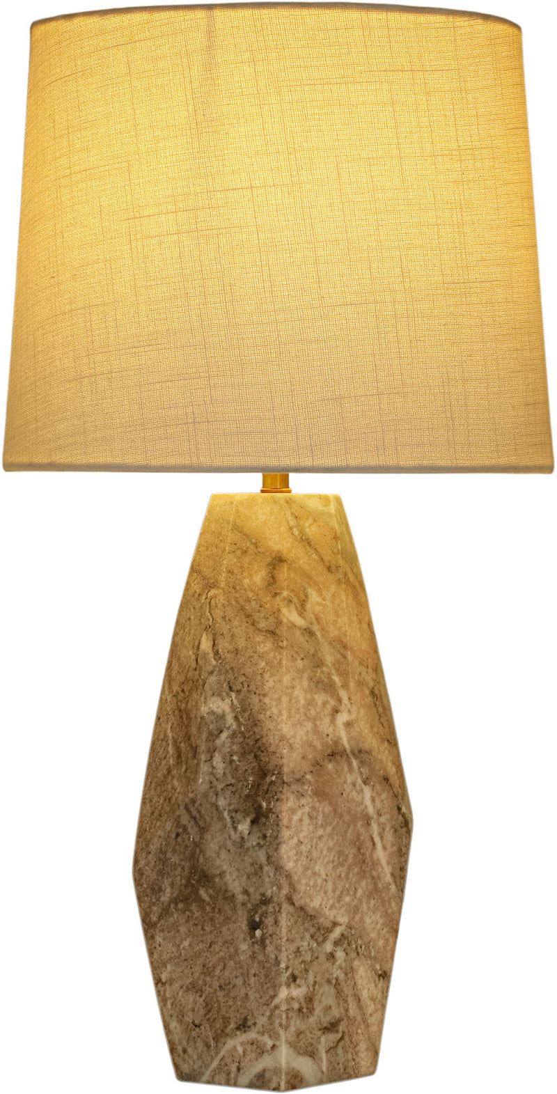 Marble table lamp with yellow fabric shade and light brown stone base