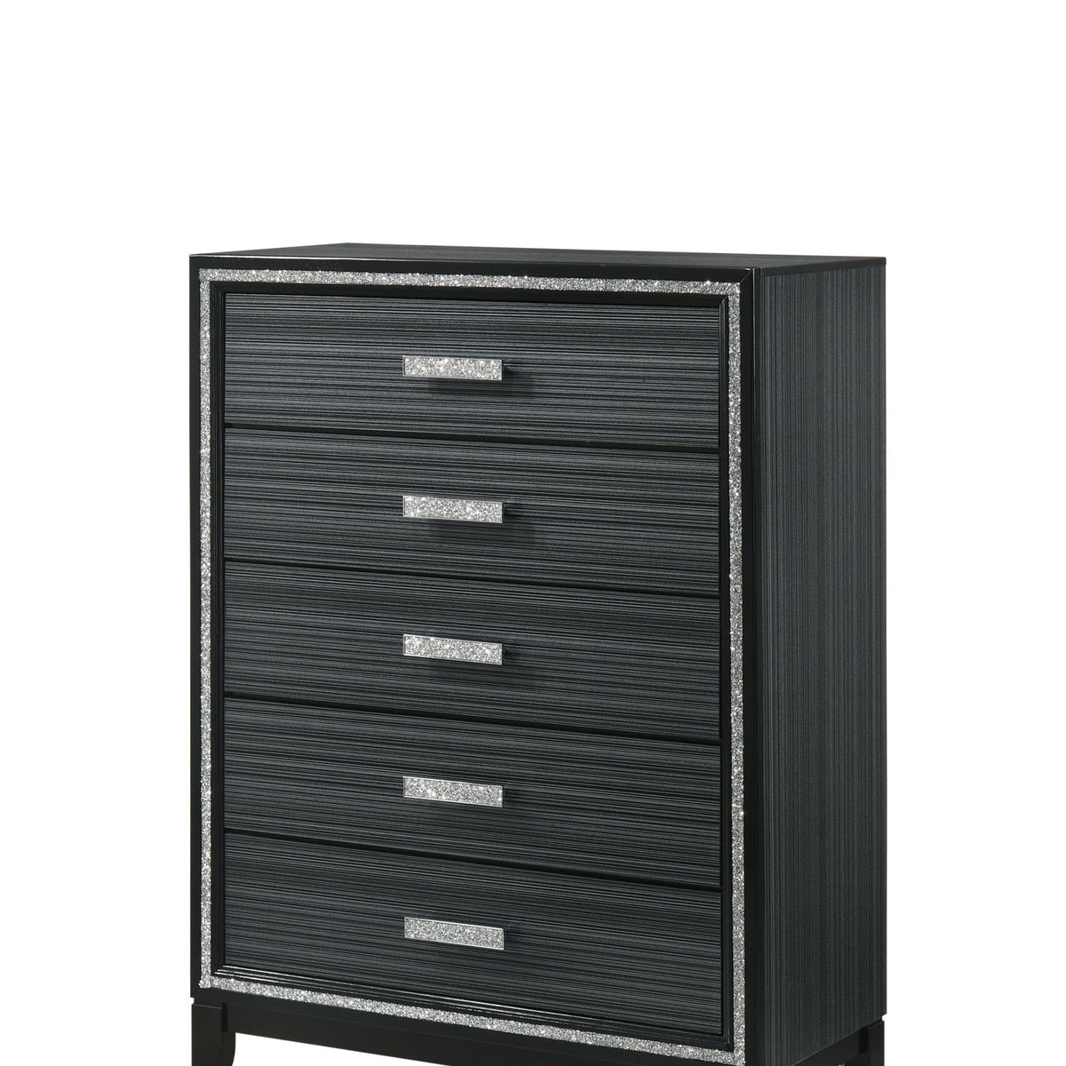 Black weathered chest of drawers with four drawers and glitter-trimmed frame