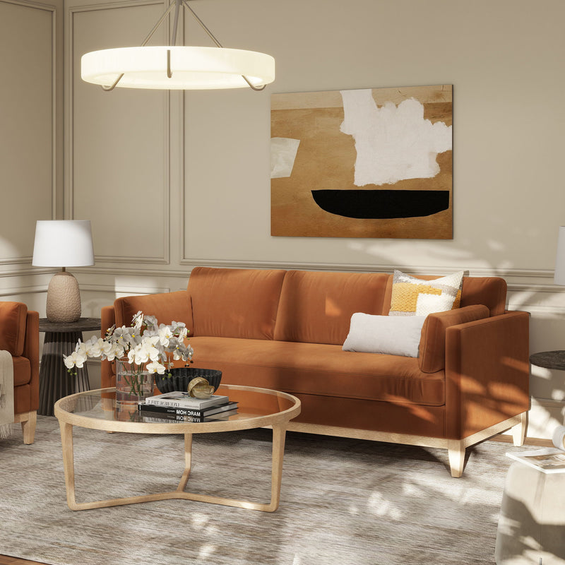 Modern farmhouse sofa in rust orange fabric with rolled arms and three back cushions