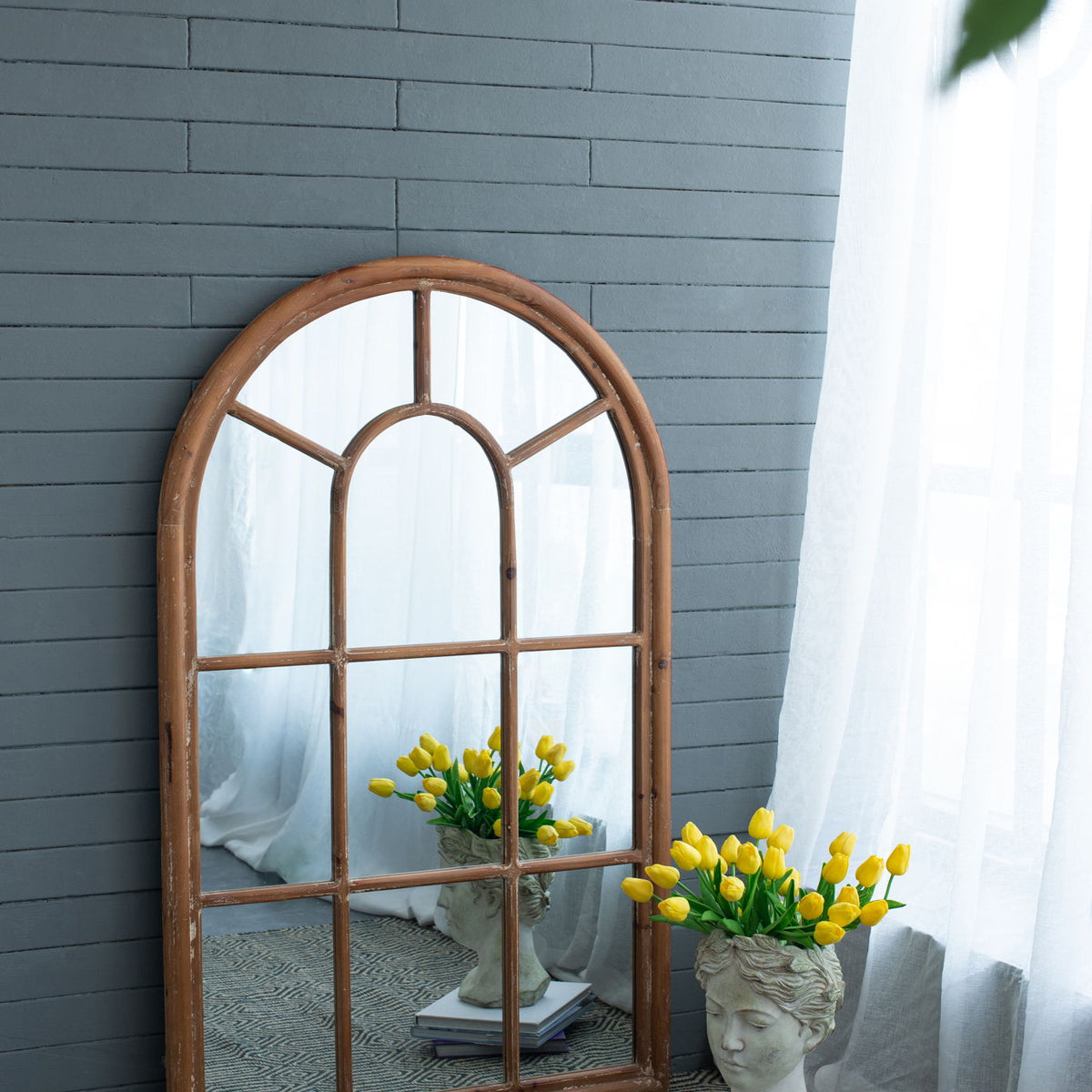 Large Arched Accent Mirror With Frame With Decorative Window Look Classic Architecture Style Solid Fir Wood Interior Decor - Brown