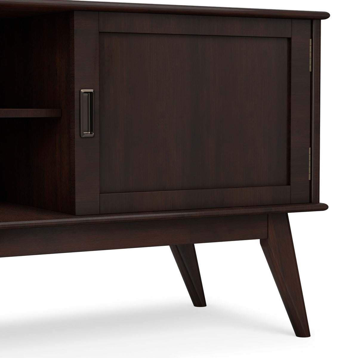 Low TV media stand cabinet section with recessed doors and vertical handle, dark brown
