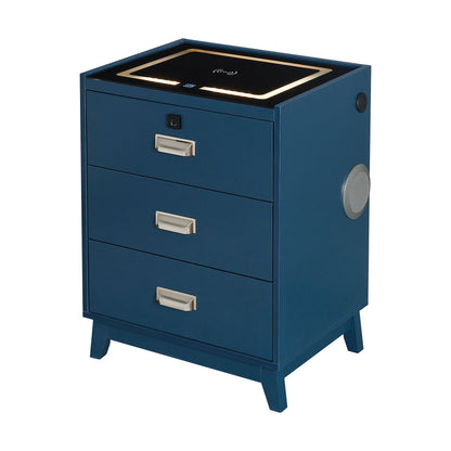 Blue nightstand angled view with glowing wireless charging top and three drawers