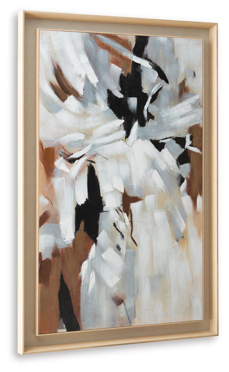 Framed abstract wall art with layered white and black paint shapes