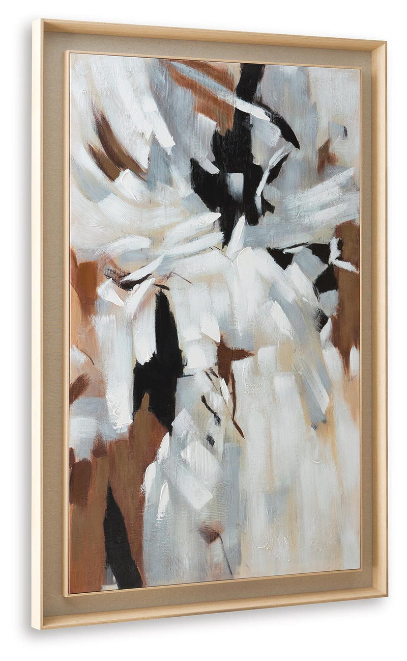 Framed abstract wall art with layered white and black paint shapes