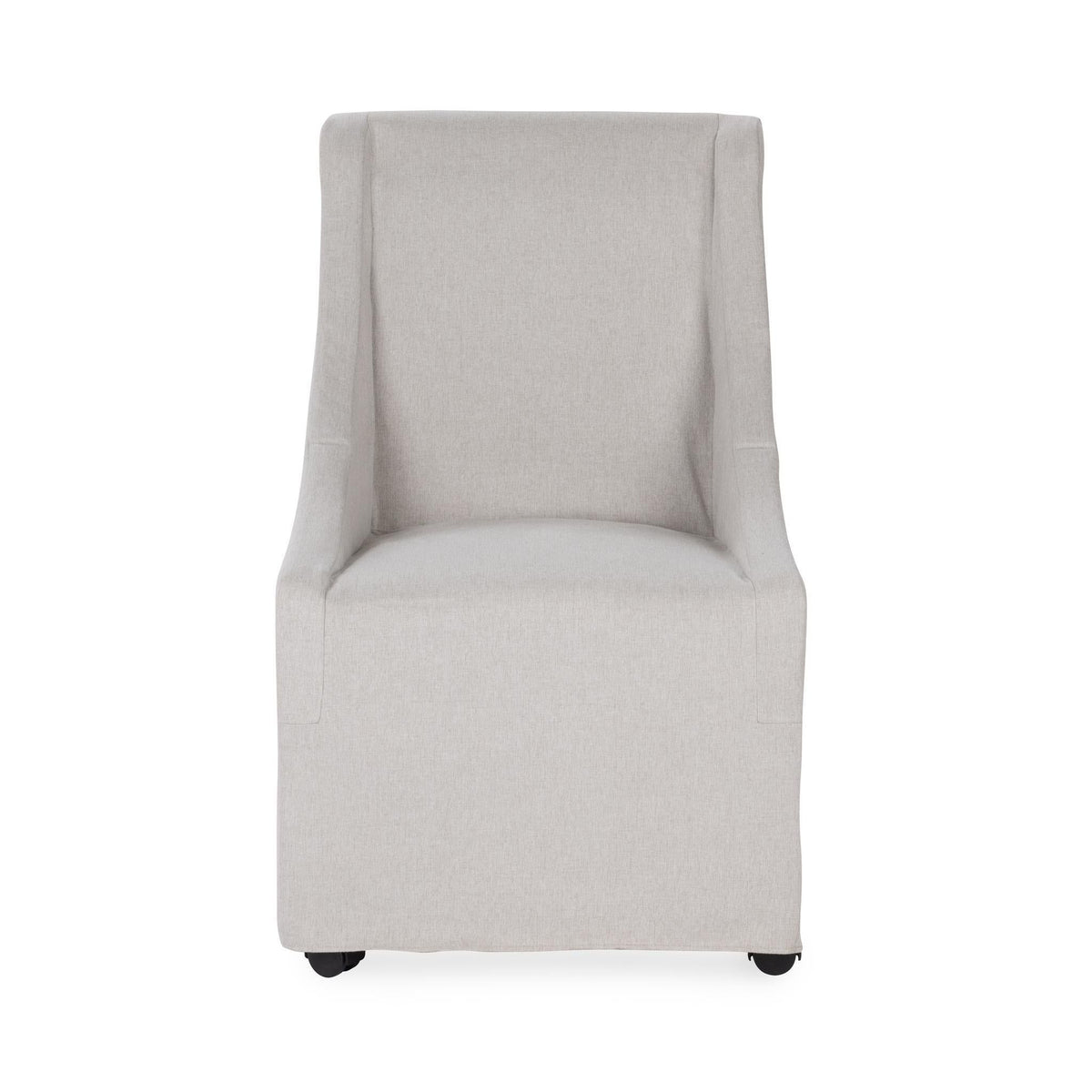 Upholstered rolling dining chair in light gray fabric, wide back and padded seat