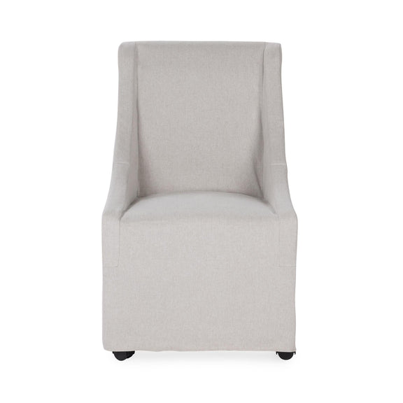 Upholstered rolling dining chair in light gray fabric, wide back and padded seat