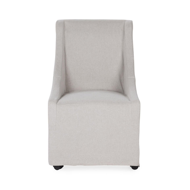 Upholstered rolling dining chair in light gray fabric, wide back and padded seat