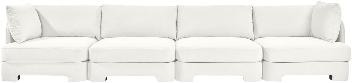 White velvet upholstered 4-piece sectional sofa set, front view